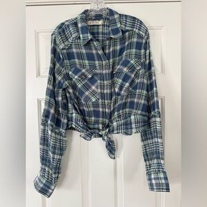 We The Free Free People Blue, Green & White Plaid Tie-Hem Shirt large -has rip!